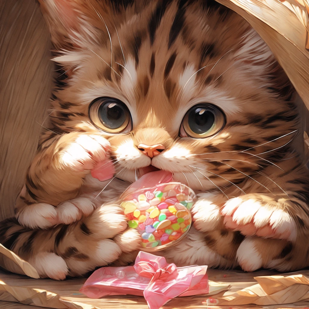 Brown tabby kitten、Licking a big candy