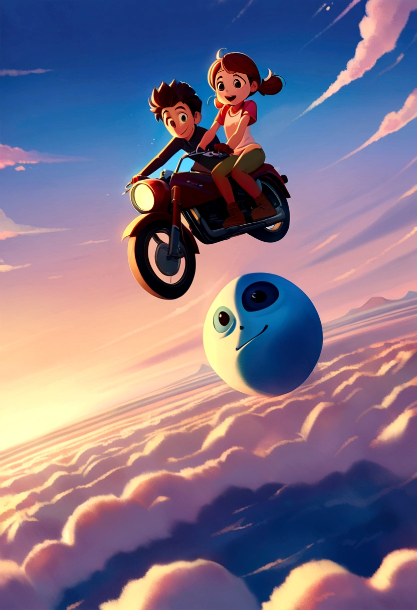 a couple looking adorable as they ride a motorcycle together on top of earth, Disney Pixar studio style