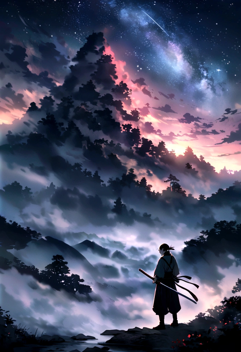 The samurai has a sword, Starry sky and fog cover the landscape.