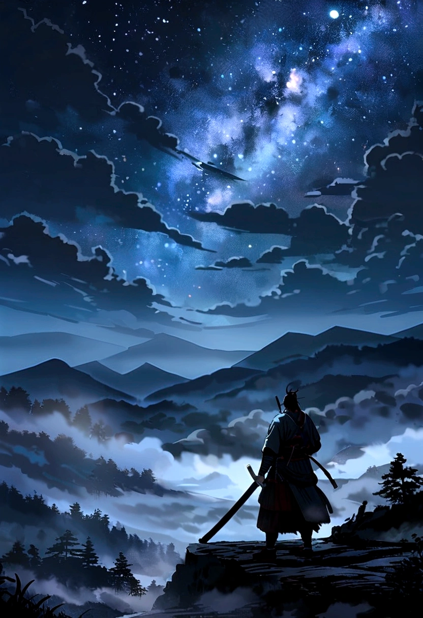 The samurai has a sword, Starry sky and fog cover the landscape.
