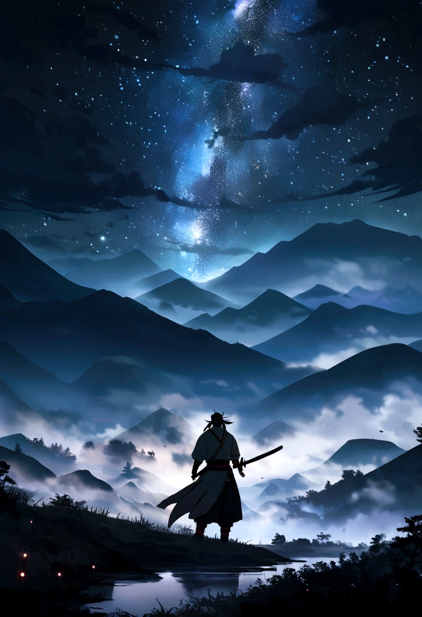 The samurai has a sword, Starry sky and fog cover the landscape.