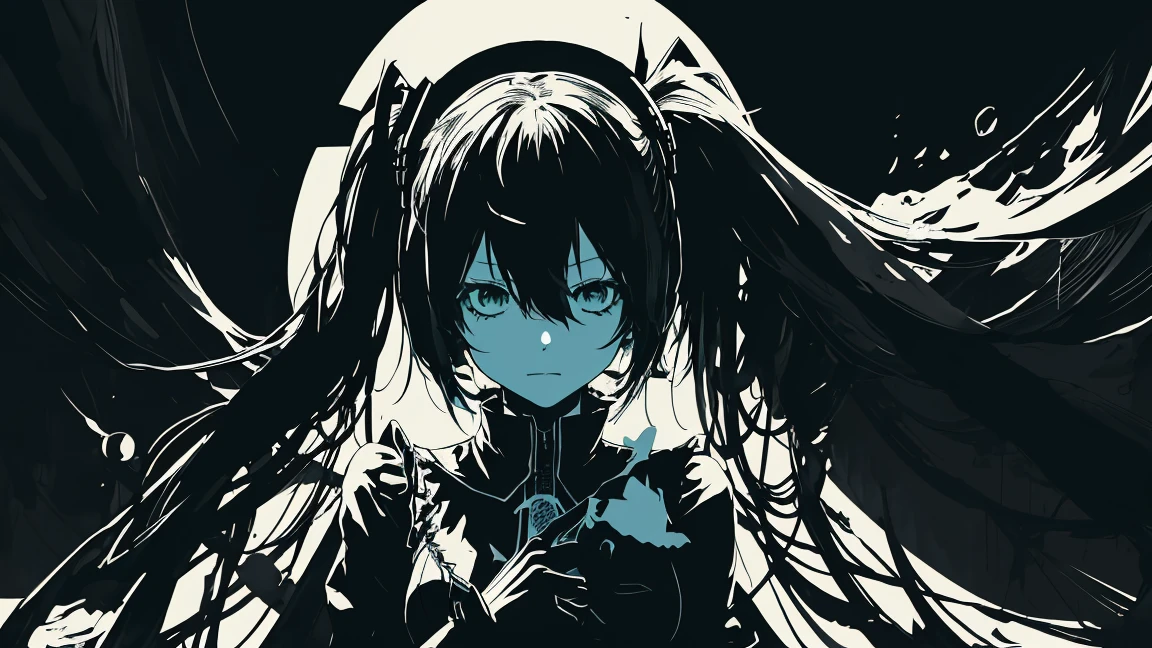 Hatsune Miku、v5lcn style,Ink Art,(highest quality,Tabletop:1.2),(Black and white comic core:1.1),(extremely high contrast),Dark ink,One Girl,bionde,Shadow on face、8K,solve,high school girl,Green Sailor Suit,