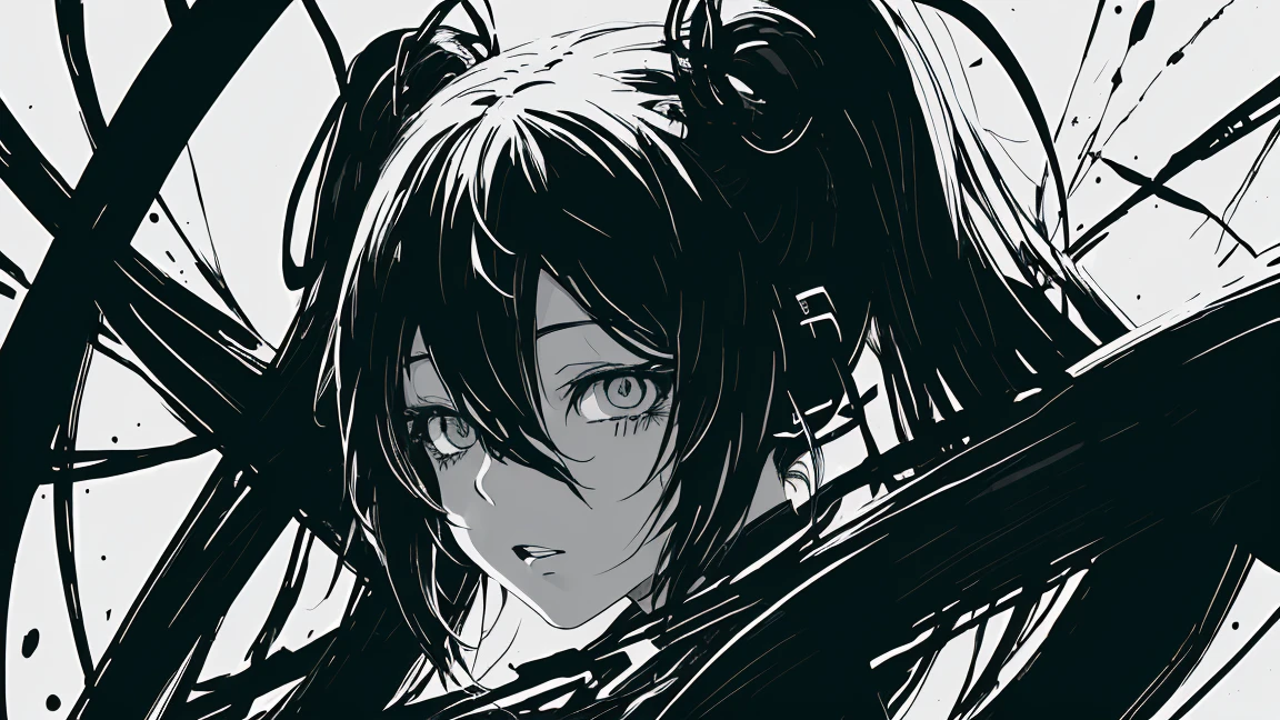 Hatsune Miku、v5lcn style,Ink Art,(highest quality,Tabletop:1.2),(Black and white comic core:1.1),(extremely high contrast),Dark ink,One Girl,bionde,Shadow on face、8K,solve,high school girl,Green Sailor Suit,