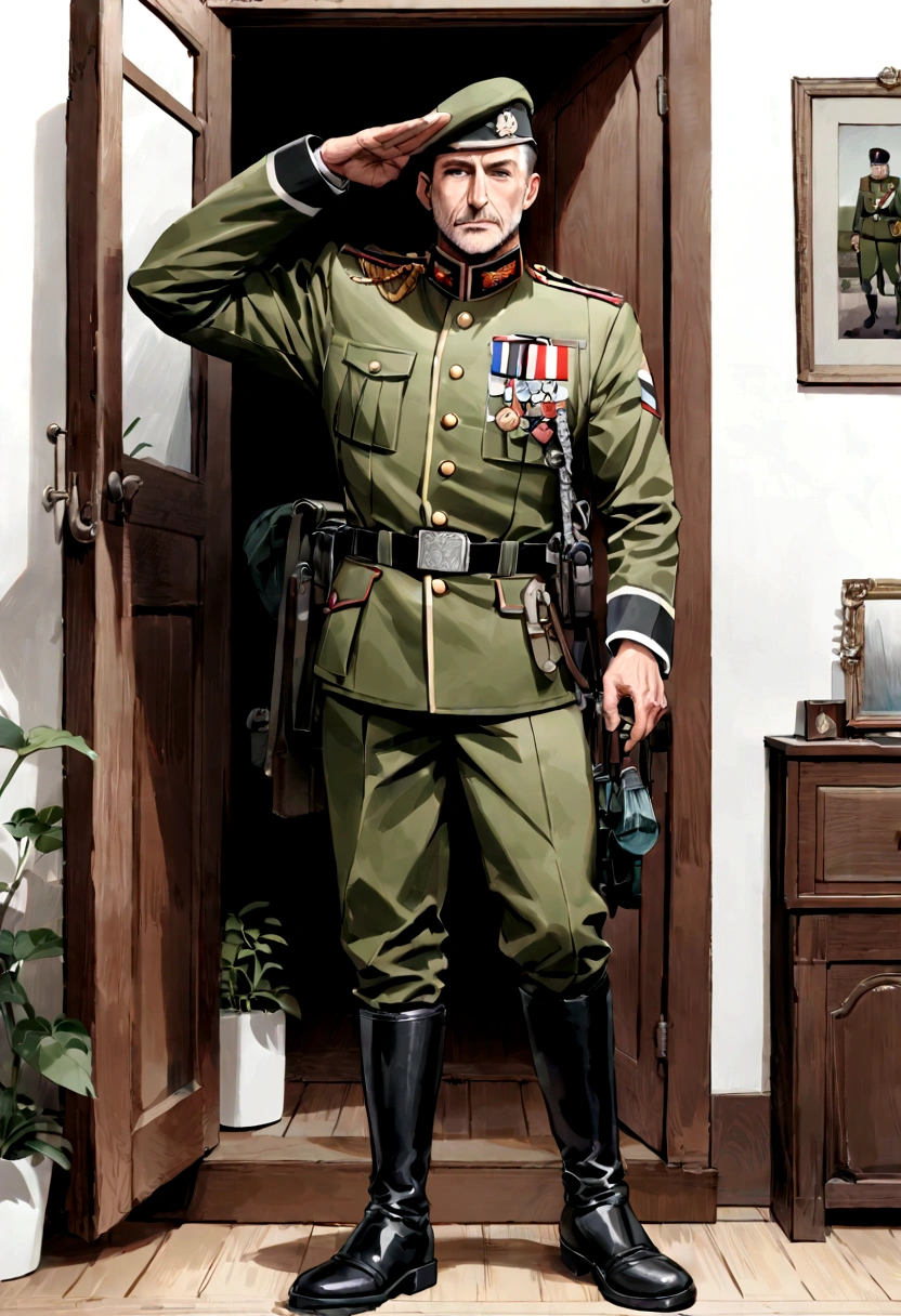 French-German man in uniform salutes in room with door, complete set, Wearing a soldier's uniform, complete set, embroidered sweatshirt, army suit, white colors, military officer, Wearing a soldier's uniform, , army suit, General, High quality clothing, Riding boots,Characters only,Remove background objects