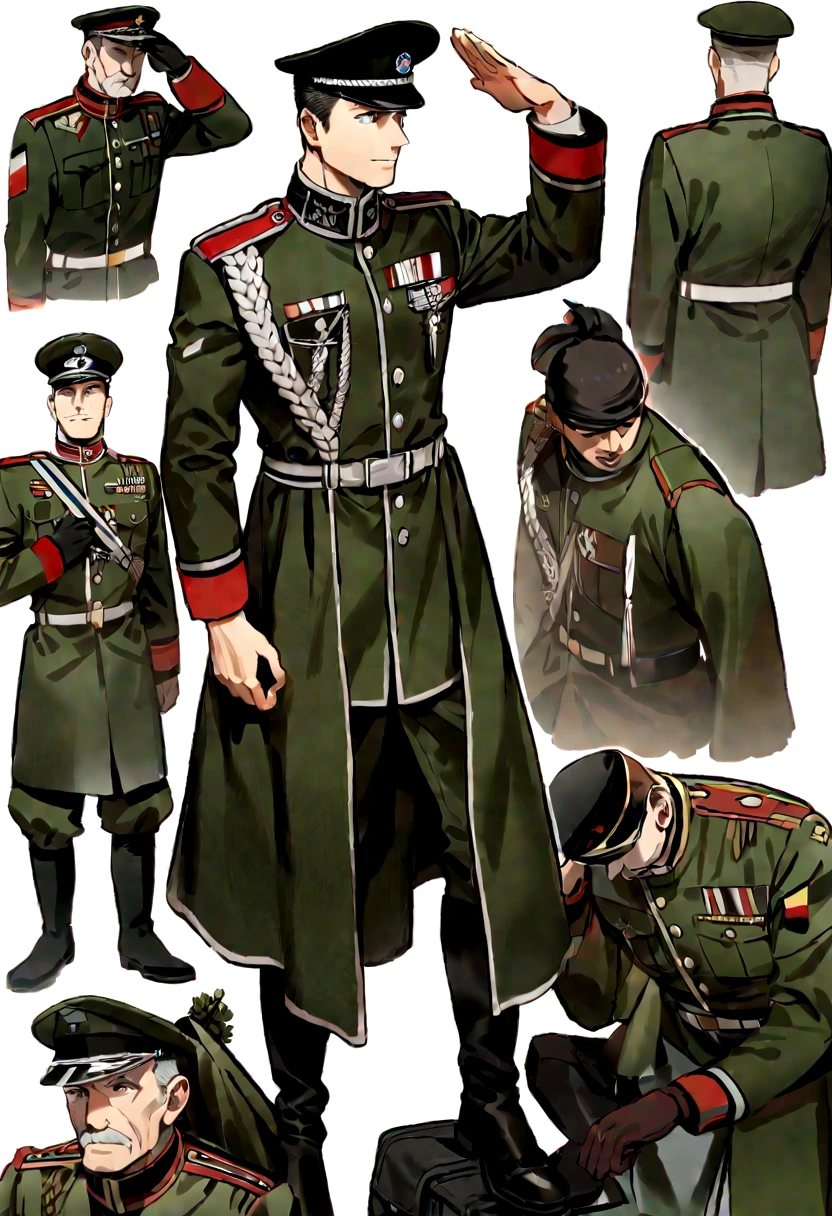 French-German man in uniform salutes in room with door, complete set, Wearing a soldier's uniform, complete set, embroidered sweatshirt, army suit, white colors, military officer, Wearing a soldier's uniform, , army suit, General, High quality clothing, Riding boots，Characters only，Remove background objects