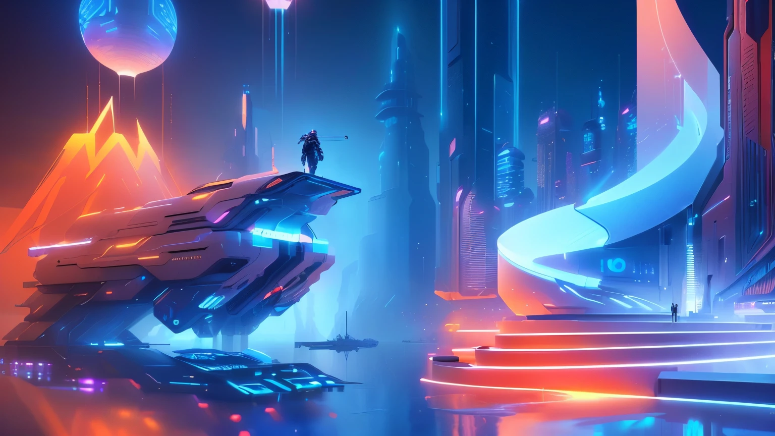 futuristic city,There is a futuristic fountain,A man walking on a platform, Arstation and beeple height, 3D rendering of beeple, Composition and Futurism, 3D Digital Art 4k, Futuristic art style, artgem and beeple masterpieces, Futuristic Background, Futuristic digital art, Surreal sci-fi set design, Hummingbird Colors