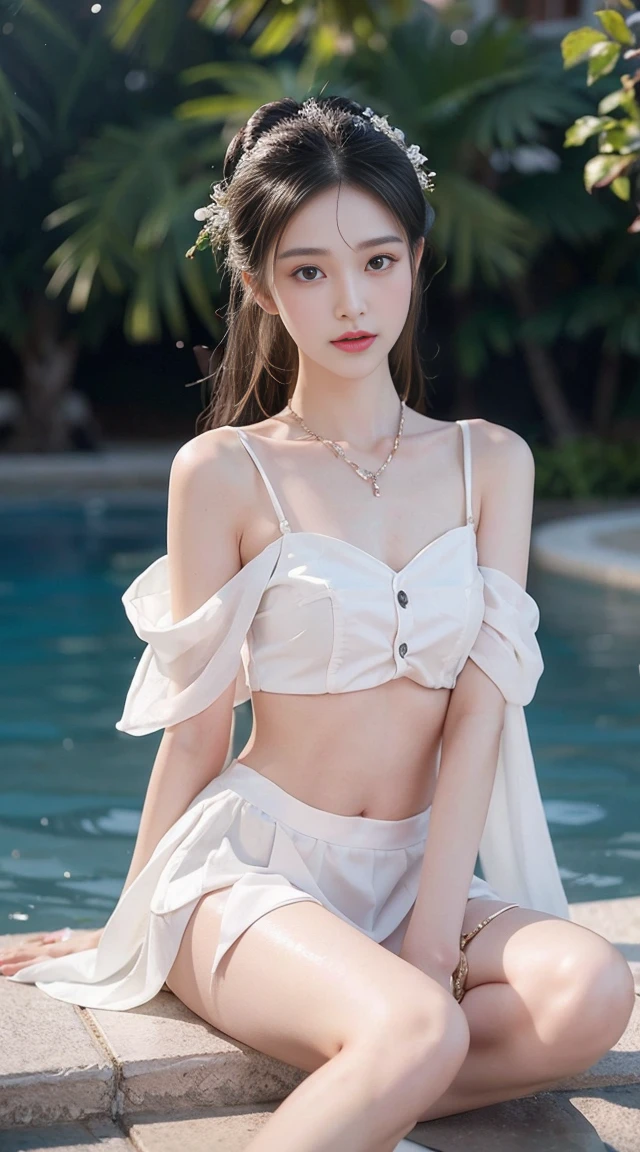 best picture quality，extremely high resolution，Very detailed，stunning girl，sitting in the pool，long eyelashes，big eyes，shining eyes，lying silkworm，plump lips，small nose，a happy expression，Sweet，Exquisite makeup，full-body shot，snow white skin，slim figure，take off shoulders，clavicle，abdomenband，abdomen，abdomen button，Slender white legs，White and tender skin，White embroidered mini skirt，necklace，Showing thighs，lace，Sweet，long hair flying，best quality，masterpiece，full-body shot，facial focus，slim figure，Thin waist white abdomenband，imagine，full-body shot
Model: Hanfu, CFG scale: 7, Hire high-end talents: 1.5, Laura: future fashion(0.4)、neon(0.4)、martial arts(0.8)、Asian Face Girls-2(0.4)、poetic fairy tale(0.01)