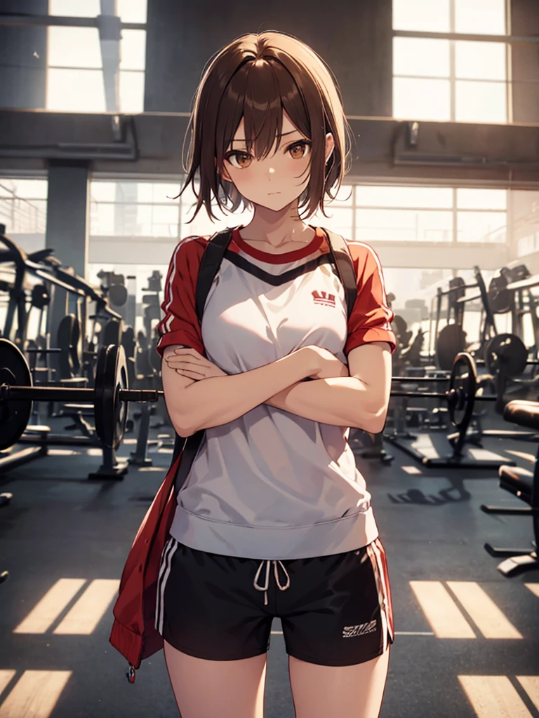 masterpiece, 4K, best quality, up_mikoto　Ribbon from, Good exercise, Latex shorts, Standing, Arms Crossed,、very cool expression　Beautiful gym, Brown eyes, short_hair, small_Chest, Looking at the audience