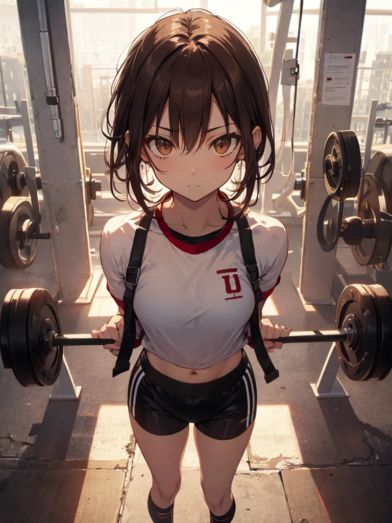 masterpiece, 4K, best quality, up_mikoto　Ribbon from, Good exercise, Latex shorts, Standing, Arms Crossed,、very cool expression　Beautiful gym, Brown eyes, short_hair, small_Chest, Looking at the audience