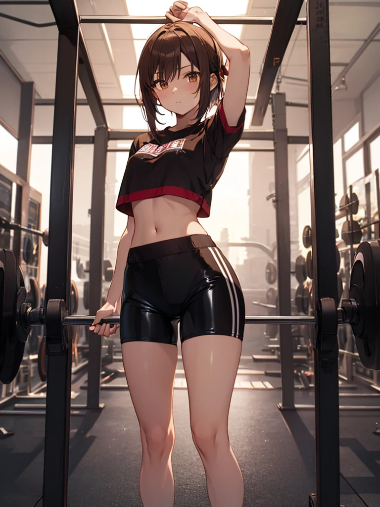 masterpiece, 4K, best quality, up_mikoto　Ribbon from, Good exercise, Latex shorts, Standing, Arms Crossed,、very cool expression　Beautiful gym, Brown eyes, short_hair, small_Chest, Looking at the audience