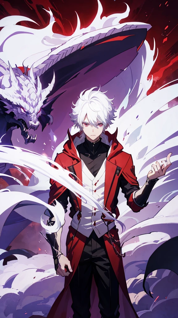 25 years old anime man with white hair, Wearing a Red cloak, Standing in front of a dragon, With one hand in his pocket, And purple aura in a form of smoke emerging out of his body