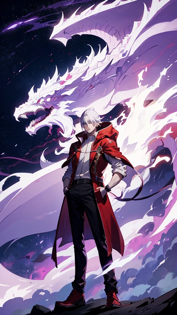 25 years old anime man with white hair, Wearing a Red cloak, Standing in front of a dragon, With one hand in his pocket, And purple aura in a form of smoke emerging out of his body