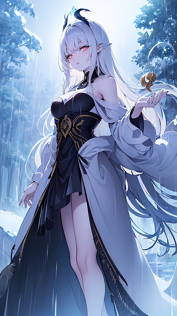 Name: Umbraaka
Element: UMBRANOX
Description: The Guardian of Shadows, protector of the enchanted forest. Her ebony skin glows subtly in the dark, while her gold eyes reflect the moonlight. Graced with powers of stealth and illusion, she's a wise and cautious ally.
Prompt: ((((Mstepas, Exceptional quality, ultrahigh resolution)))), 1girl, standing, (long, black hair, waving), pale skin with faint,shimmering umbranox Marks, (выед medicine lacrimal vis those gold eyes shine in darkness), (((ultra detailed face, beautiful face)), ((head tilt, or shoulders look sleeve strap+hand gesture to side)), Half_body, outdoors, night, ((rain, thick branches or collapse borders around for extra emphasys on forest mystery)), long coat, gentle smile, facing viewer, (((latest_technology, detailed ethnic lines, defined jawline, expressive lips)), period expensive,almost royal), 23 years old, sophistacated and elegant, ((long train behind))