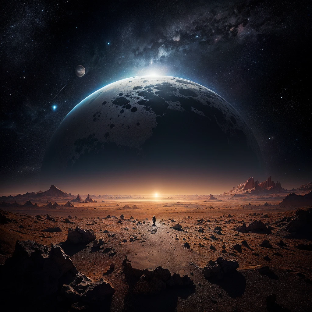 Arav view of planet with distant horizon and far horizon, Inspired by Michal Kartz, Alien Landscape, Planet Landscape, alien surface planet, exoPlanet Landscape, Wide angle sci-fi landscape, 令人惊叹的Alien Landscape, Space Landscape, By Jessica Rossier, inspired By Jessica Rossier, Moon surface, Alien world landscape, Desert Alien Planet