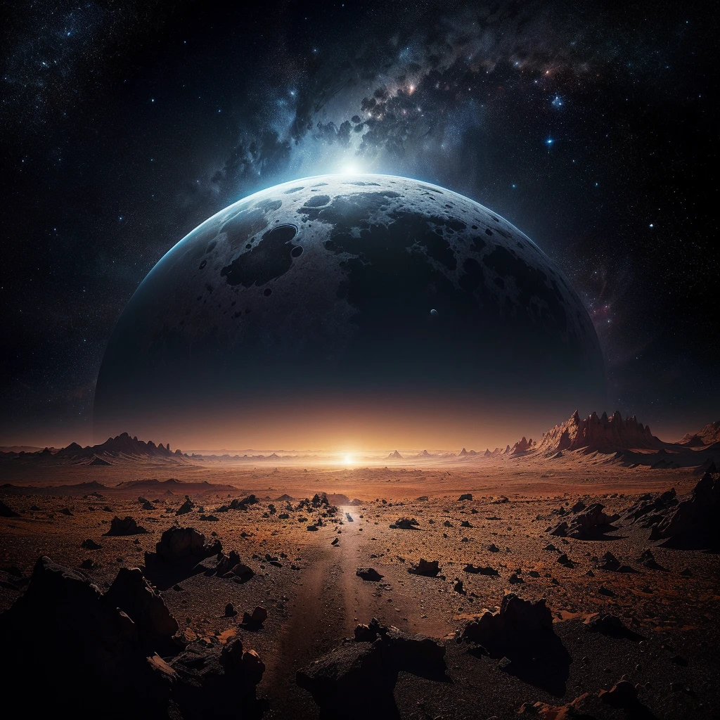 Arav view of planet with distant horizon and far horizon, Inspired by Michal Kartz, Alien Landscape, Planet Landscape, alien surface planet, exoPlanet Landscape, Wide angle sci-fi landscape, 令人惊叹的Alien Landscape, Space Landscape, By Jessica Rossier, inspired By Jessica Rossier, Moon surface, Alien world landscape, Desert Alien Planet