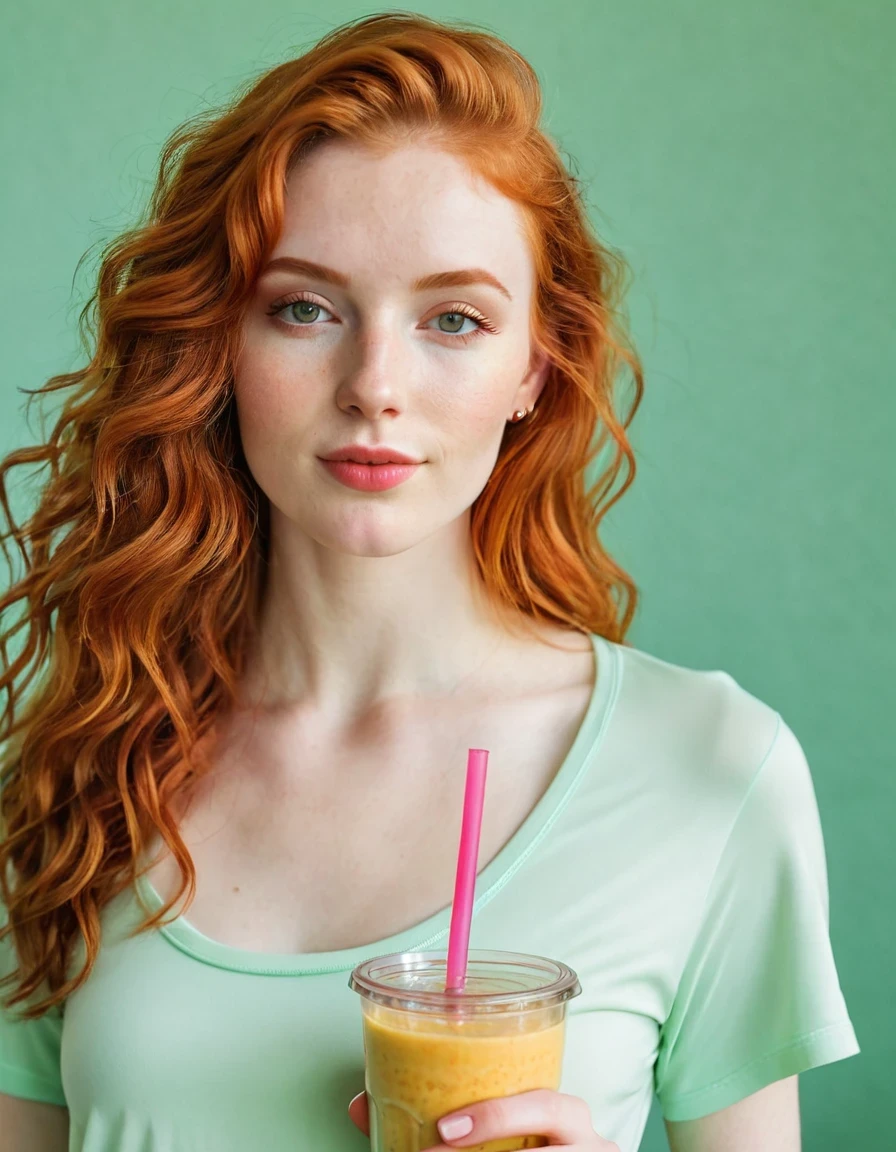 Photography full body portrait of a very beautiful realistic girl, drinking a smoothie, porcelain skin, very light skin, very pale skin, redhead, wavy, open hair, Detail of skin structure, hazel eyes, Slit eyes, small-nose, small nostril, think of arched eyebrows, thick lower lip, dreamy look, happy face, big , unique face, Wear Jogging pants and a crop top, foto realista, Masterpiece Image, sharp image,

