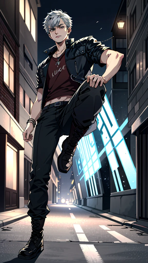 ((Extremely detailed, masterpiece, absurd))
DMC5Nero, 1 boy, Solitary, Baldhead, blue eyes, Street dancer in hip-hop clothing, Moving postures in motion, urban graffiti background, vibrant  lighting