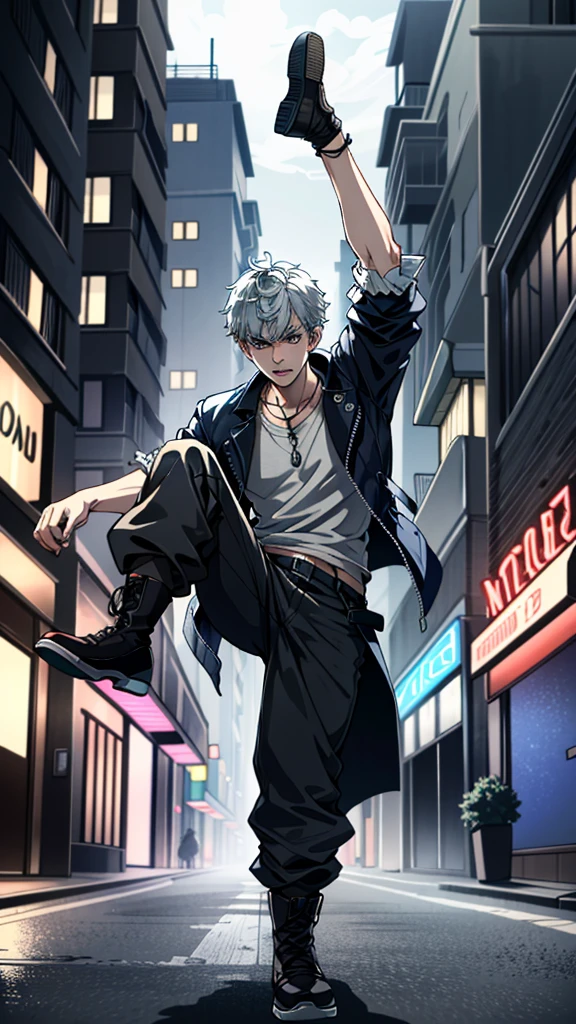 ((Extremely detailed, masterpiece, absurd))
DMC5Nero, 1 boy, Solitary, Baldhead, blue eyes, Street dancer in hip-hop clothing, Moving postures in motion, urban graffiti background, vibrant  lighting