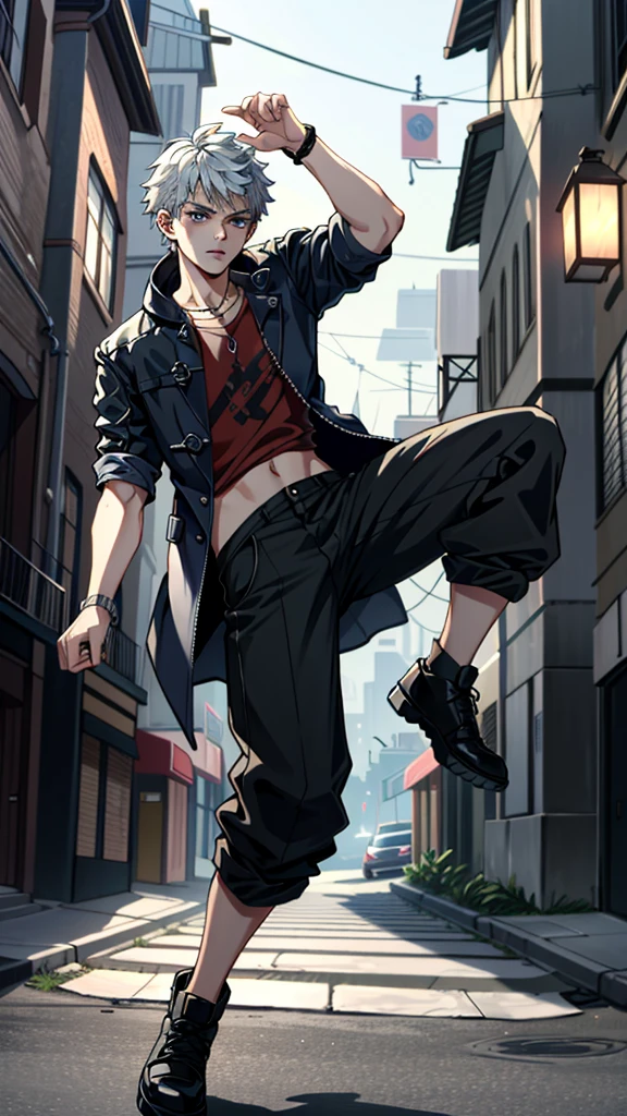 ((Extremely detailed, masterpiece, absurd))
DMC5Nero, 1 boy, Solitary, Baldhead, blue eyes, Street dancer in hip-hop clothing, Moving postures in motion, urban graffiti background, vibrant  lighting