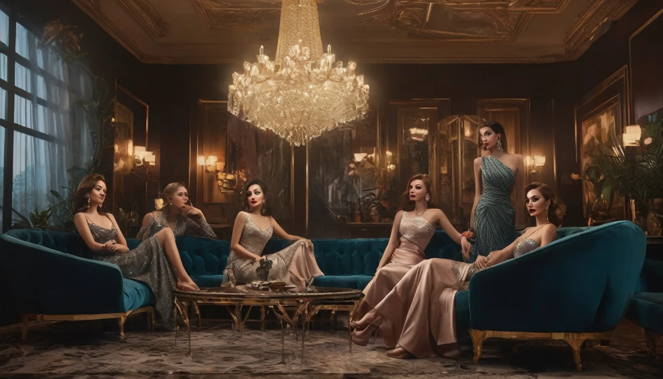 a group of women lounging in a brothel lobby, beautiful detailed eyes, beautiful detailed lips, extremely detailed eyes and face, long eyelashes, elegant dresses, luxurious interior, ornate furnishings, dramatic lighting, (best quality,4k,8k,highres,masterpiece:1.2),ultra-detailed,(realistic,photorealistic,photo-realistic:1.37),dramatic chiaroscuro lighting, moody atmosphere, oil painting, cinematic