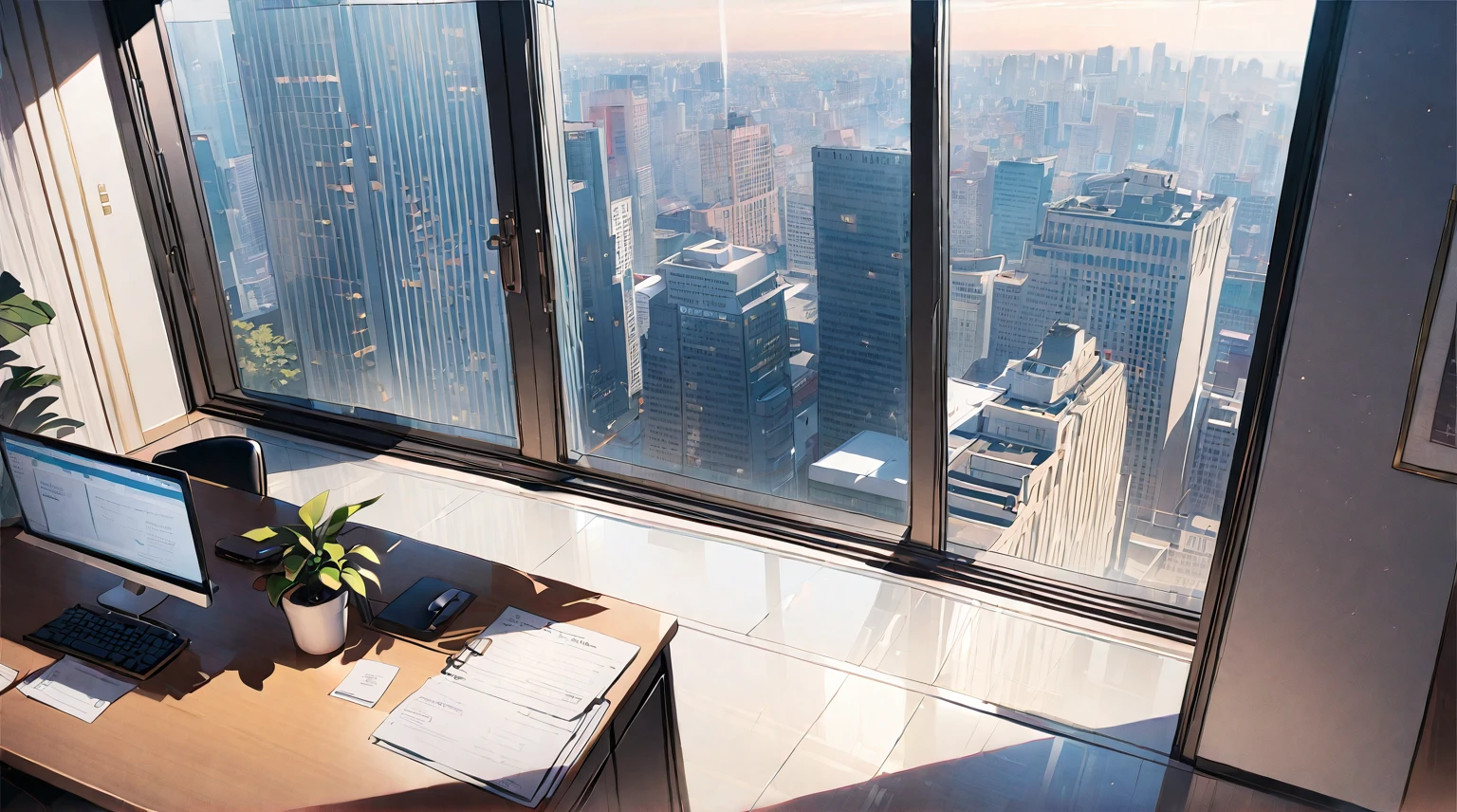 ((best quality)), ((masterpiece)), (detailed), office, president's office, floor-to-ceiling windows, top-down view scene,Potted plants,There is a computer and documents on the desk