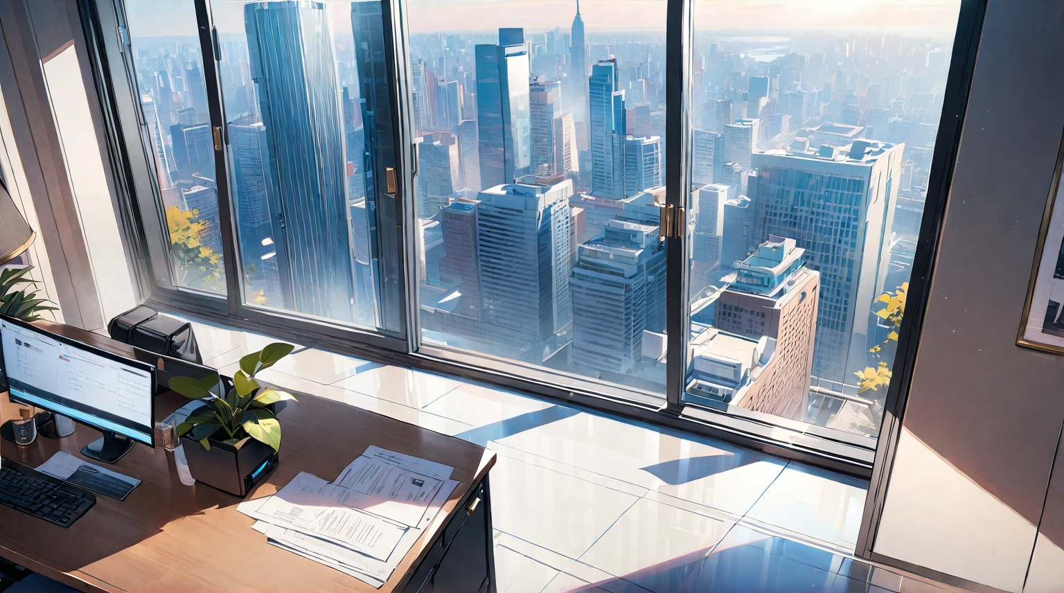 ((best quality)), ((masterpiece)), (detailed), office, president's office, floor-to-ceiling windows, top-down view scene,Potted plants,There is a computer and documents on the desk