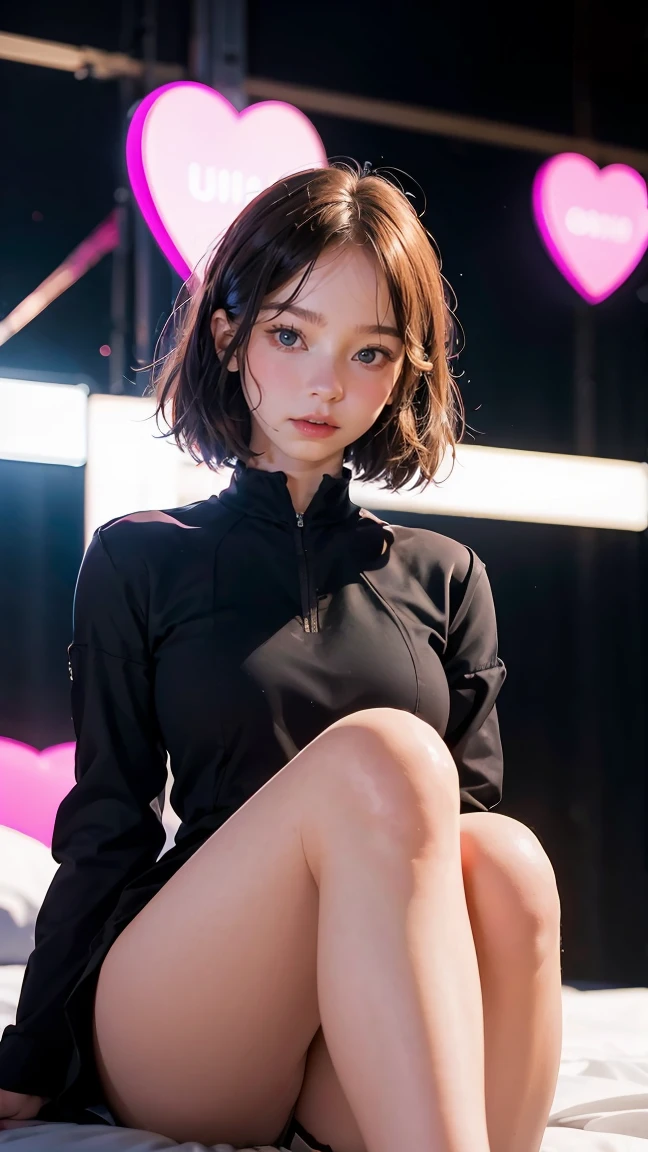 masterpiece, best quality, extremely detailed, hyperrealistic, photorealistic, a shot from head to knee, a pretty korean girl, ultra detailed face, black hair, many hearts in the air:1.2