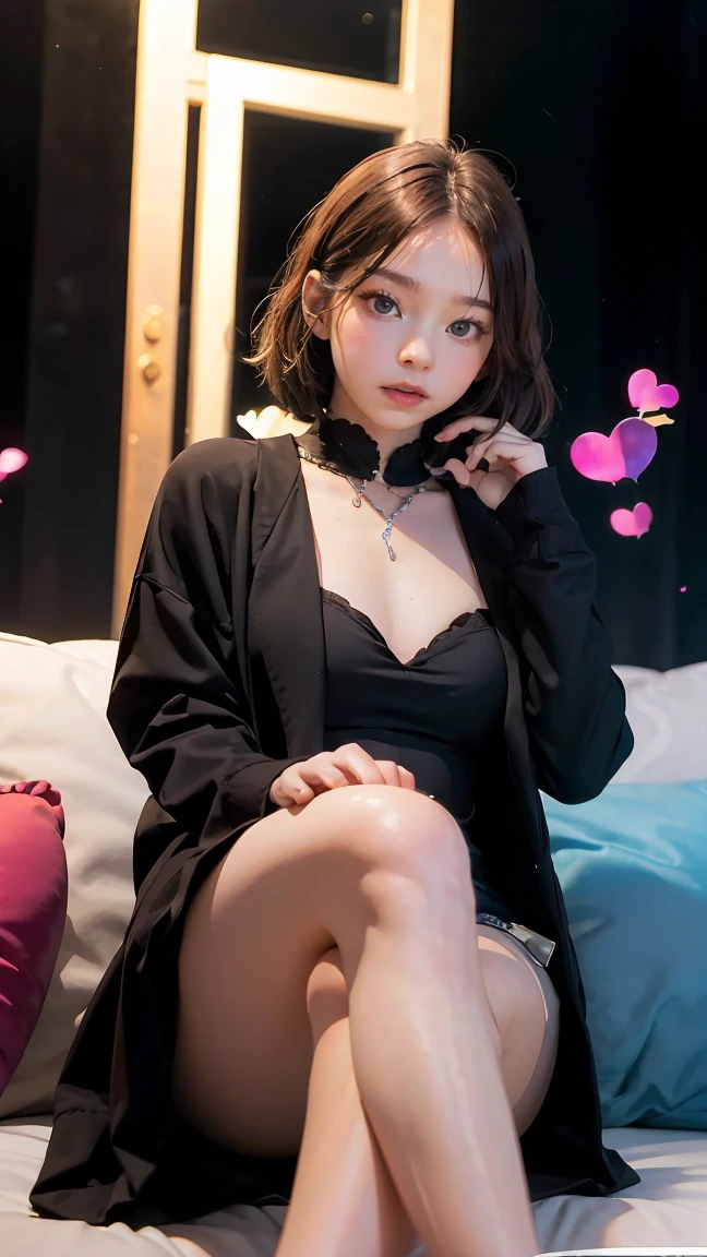 masterpiece, best quality, extremely detailed, hyperrealistic, photorealistic, a shot from head to knee, a pretty korean girl, ultra detailed face, black hair, many hearts in the air:1.2