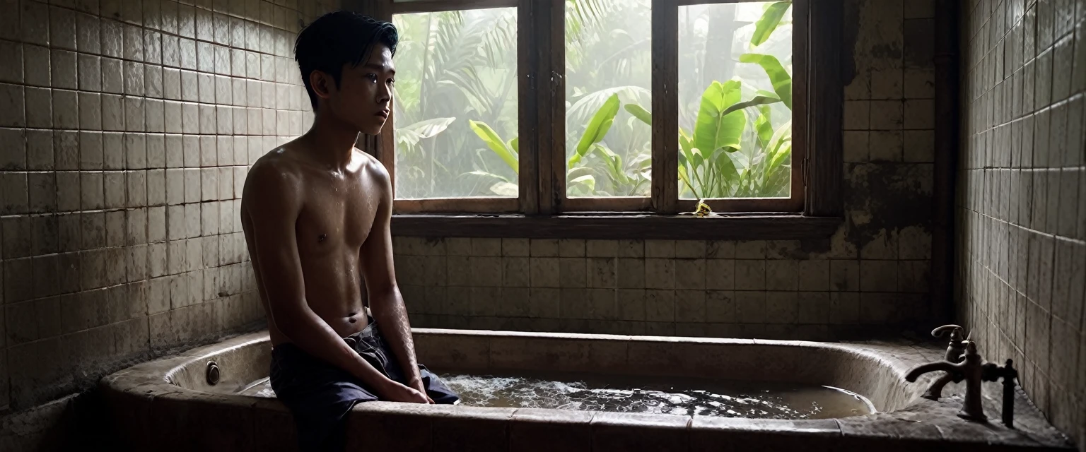 A young Indonesian male student, about 23 years old, was at night in the bathroom of an old Dutch colonial style house. He was wearing simple clothes and looked surprised when water came out of the bathtub tap by itself. The bathroom was dimly lit with old tiles and an antique bathtub, creating a chaotic and eerie scene. The shadows and eerie atmosphere emphasize tension and fear. (masterpiece, 8K, super realistic, super detailed, super focused, mystical, mysterious)