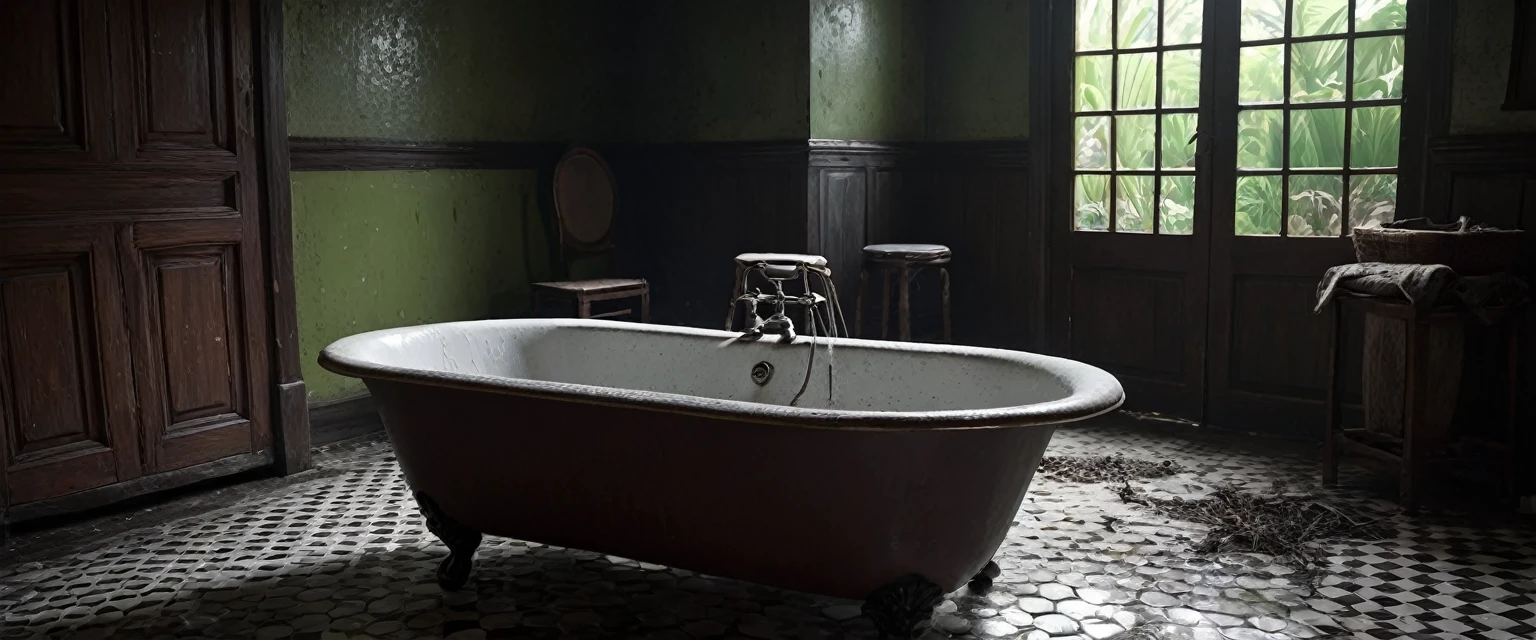 A young Indonesian male student, about 23 years old, was at night in the bathroom of an old Dutch colonial style house. He was wearing simple clothes and looked surprised when water came out of the bathtub tap by itself. The bathroom was dimly lit with old tiles and an antique bathtub, creating a chaotic and eerie scene. The shadows and eerie atmosphere emphasize tension and fear. (masterpiece, 8K, super realistic, super detailed, super focused, mystical, mysterious)