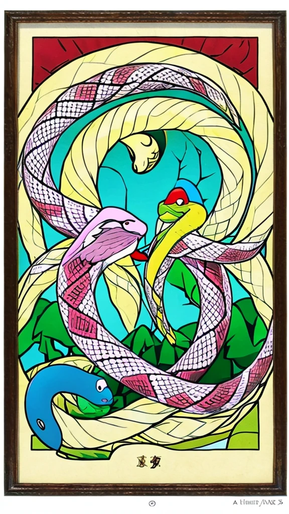 In the foreground, a snake wraps around a patterned magic wand. The image is made in high quality and framed by a vignette of intertwined trees in the shape of a heart. 
In centre large letter "H" is depicted at the top in the center. The image is made in graphics.