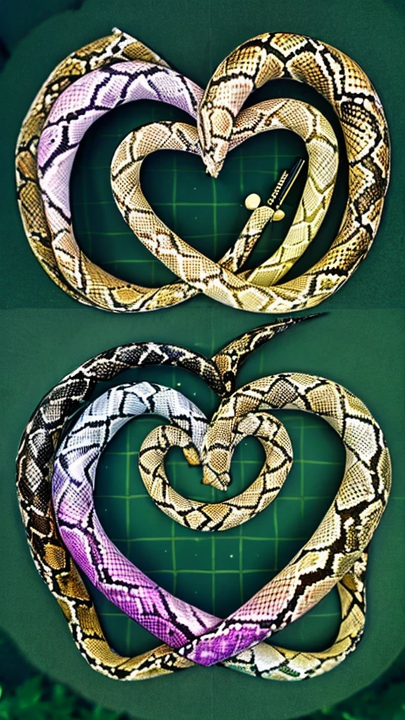 In the foreground, a snake wraps around a patterned magic wand. The image is made in high quality and framed by a vignette of intertwined trees in the shape of a heart.
In centre large letter "H" is depicted at the top in the center. The image is made in graphics.