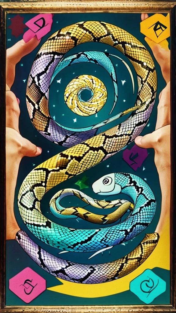 In the foreground, a snake wraps around a patterned magic wand. The image is made in high quality and framed by a vignette of intertwined trees in the shape of a heart.
In centre large letter "H" is depicted at the top in the center. The image is made in graphics.