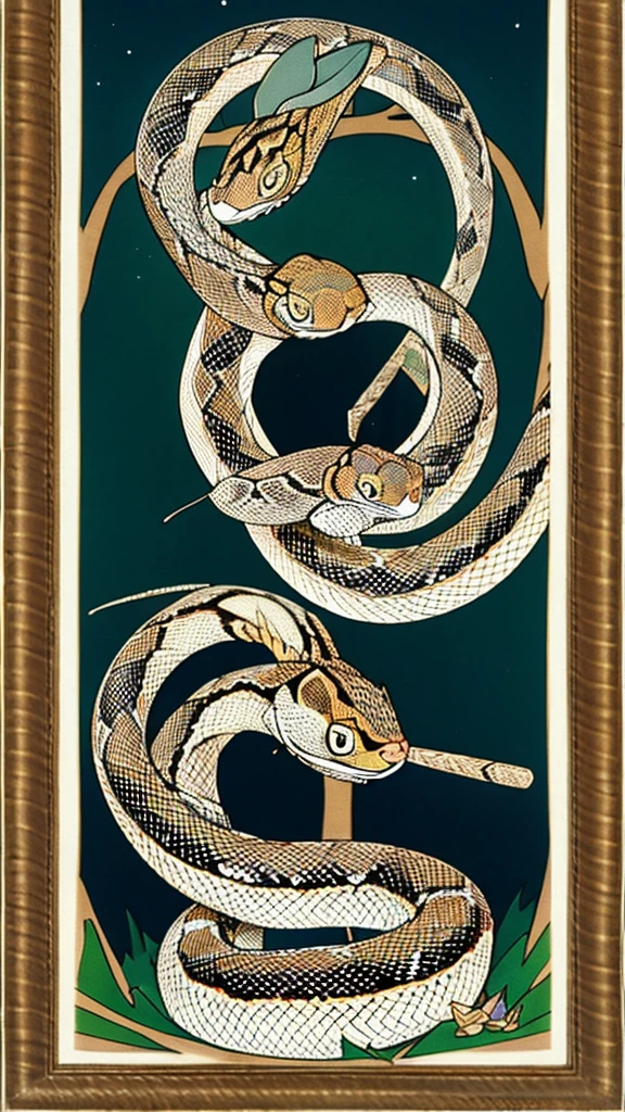 In the foreground, a snake wraps around a patterned magic wand. The image is made in high quality and framed by a vignette of intertwined trees in the shape of a heart.
In centre large letter "H" is depicted at the top in the center. The image is made in graphics.