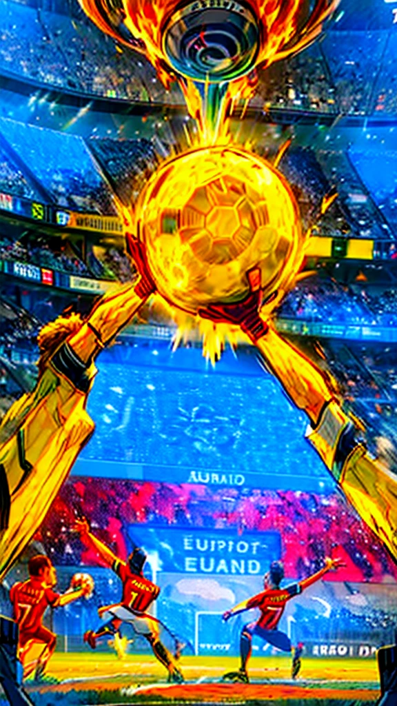 a large stadium filled with cheering fans, the UEFA EURO 2024 football championship, detailed soccer players in action, dynamic sports photography, vivid colors, dramatic lighting, high energy atmosphere, dramatic camera angles, ultra-detailed, 8k, best quality, photorealistic