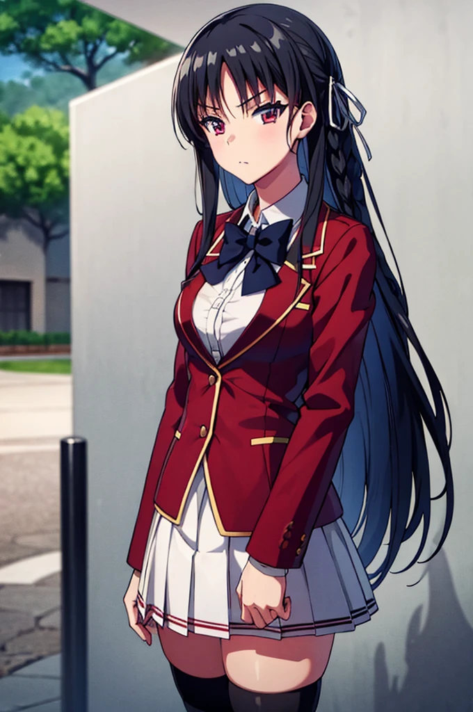(masterpiece), (ultra detailed), (best illustration), official art, anime screencap, anime keyvisual, perfect anatomy, 8k portrait,
1girl,
Suzune Horikita \(youjitsu\),
long hair, braid,
black hair,
(red eyes, slant eyes, small eyes),
blue bow,
medium breasts, (red jacket, white skirt, shirt formal, pleated skirt, black thigh-high socks),
BREAK looking at viewer,
cowboy shot,
perfect light,
background of outdoor, school building,