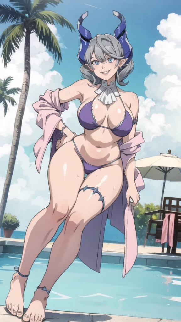 Matched background High level image quality best image quality 8K adult woman pool party rain palm trees more colors whole body view portrait bikini horn ears short hair((shortcut)(gray hair)(perm)(fluffy)) eye color is blue , , attractive evil face , smile , sexy pose , labrynth , barearm , teasing , wearing pink robe , all wet , view foot arc , view from below
