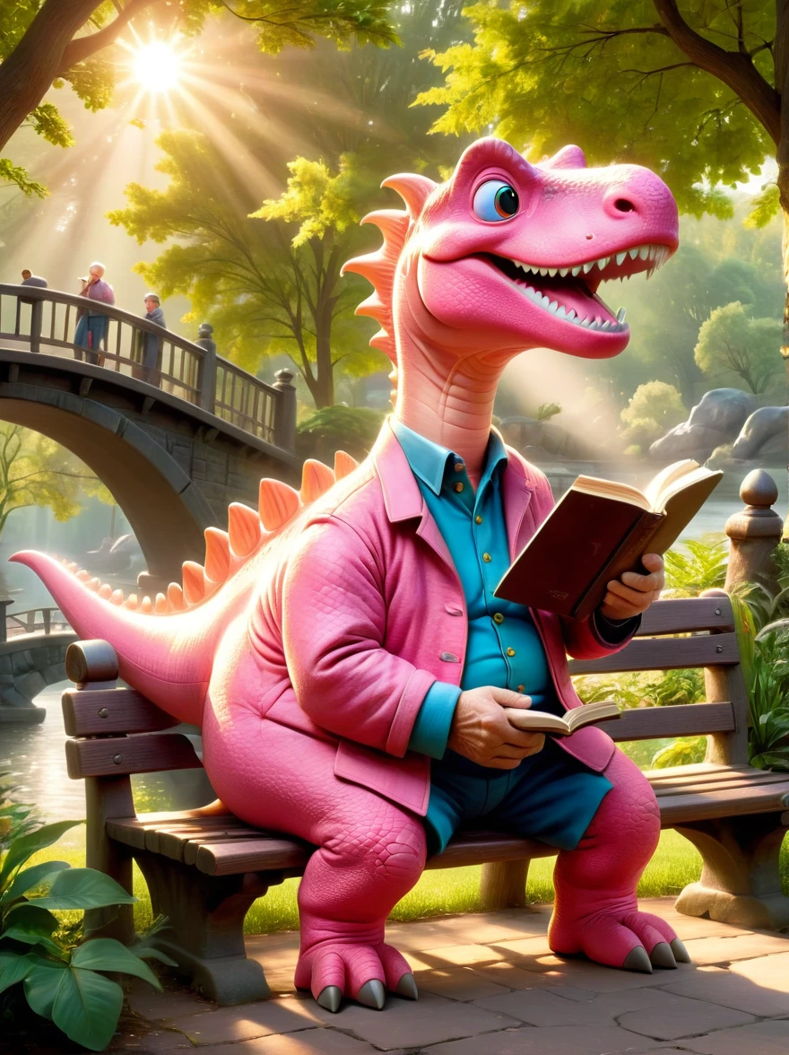 A scene showcasing a charming and amiable pink dinosaur-themed character with the demeanor of an old grandfather, This pink dinosaur is characterized by his wrinkled skin and a friendly smile on his face, looking as though he's full of stories from a time long past, He carries an air of sweetness and gentleness, inviting the viewer into the peaceful ambience of his presence, He could be seen sitting casually on a park bench or in a rocking chair, perhaps with a pair of reading glasses perched on the bridge of his nose, the sunlight gently falling on his ancient, hearty body