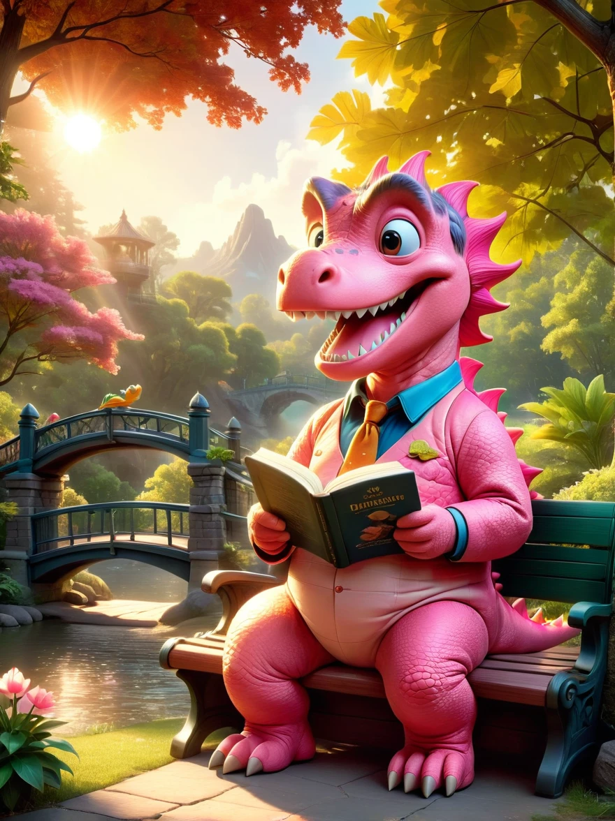 A scene showcasing a charming and amiable pink dinosaur-themed character with the demeanor of an old grandfather, This pink dinosaur is characterized by his wrinkled skin and a friendly smile on his face, looking as though he's full of stories from a time long past, He carries an air of sweetness and gentleness, inviting the viewer into the peaceful ambience of his presence, He could be seen sitting casually on a park bench or in a rocking chair, perhaps with a pair of reading glasses perched on the bridge of his nose, the sunlight gently falling on his ancient, hearty body