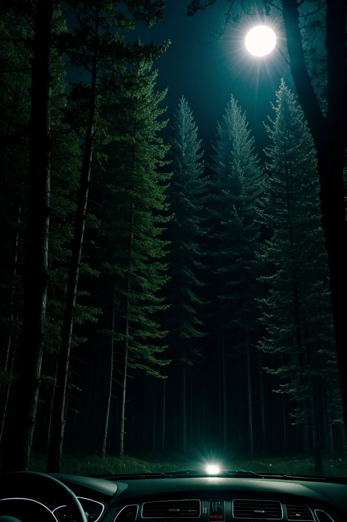 Spooky forest at night seen from the windshield of a car with low lighting