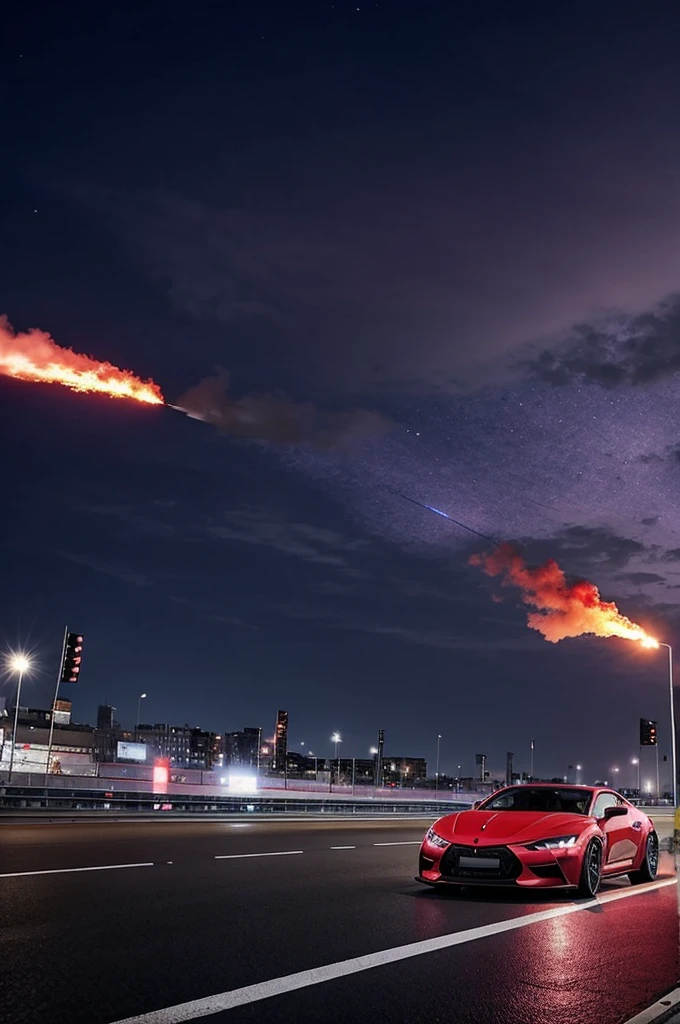 Imagine un design avec une voiture rouge, entourée de flammes violettes. En arrière-plan, on pourrait voir une ville la nuit avec des gratte-ciels, des néons .Devant la voiture, un personnage menaçant avec un masque et une batte de baseball