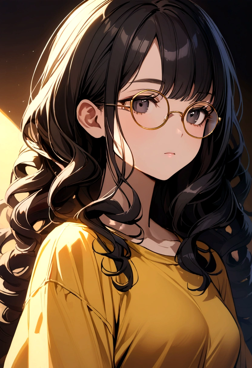 girl with black hair, long curly hair, no bangs, gold rimmed glasses, black eyes, yellow t-shirt