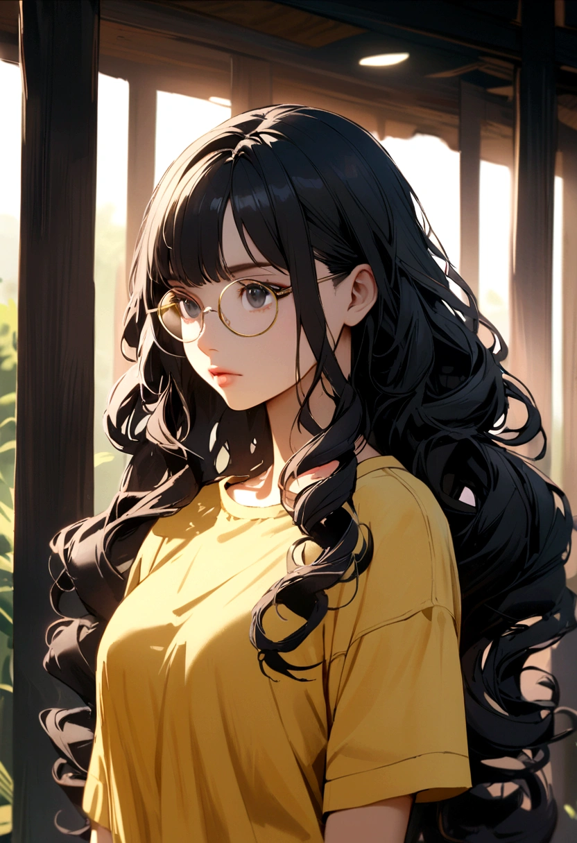girl with black hair, long curly hair, no bangs, gold rimmed glasses, black eyes, yellow t-shirt