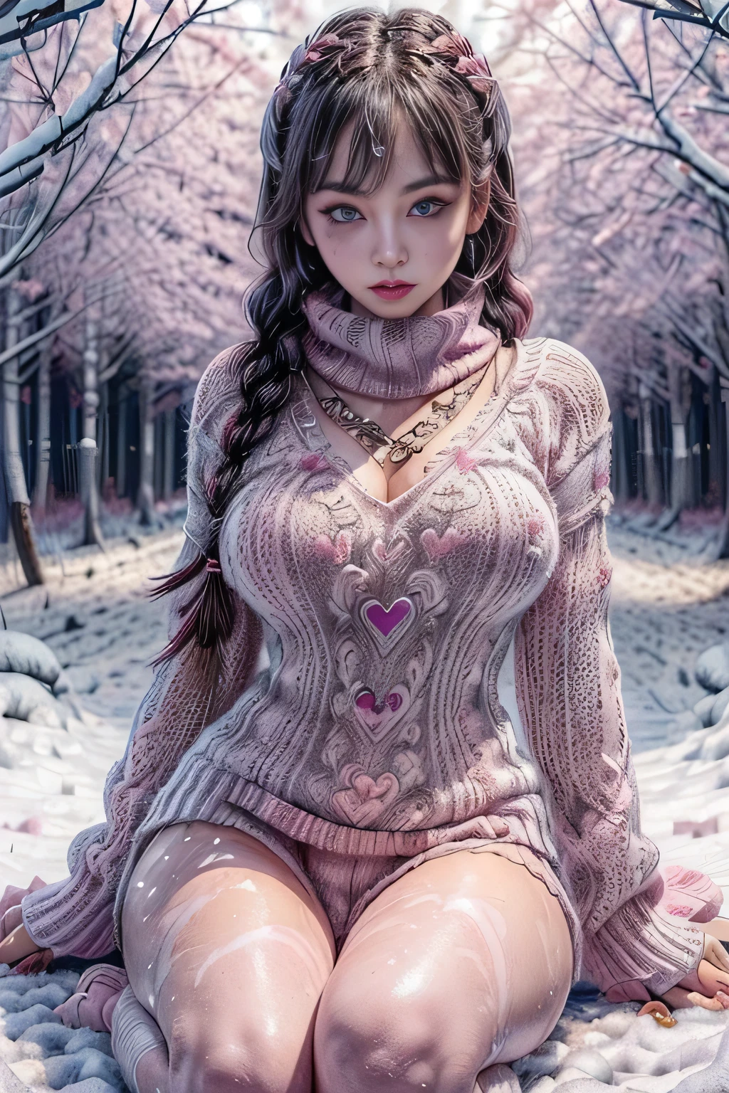 1 girl,

(breasts big:1.4),((((long twin braids,tight braids,long braid,Braided hair,long hime cut,dark hair,Bblack hair,colored inner hair)))),(((purple_eyeballs:1.3))),intricate eyeballs,beautiful detailed eyeballs,symmetrical eyeballs,((((shining skin:1.5,skin tanned,shining skin: 1.5,skin tanned,shining skin,very shining skin,shinny body,Reflective skin)))),(spider lower abdomen,narrow waisted,wide hip,athletic body,inflated legs,thick-thighs,(face detailed)),beautiful detailed lips,((heart pupils:1.5,heart:1.3,hearts:1.3,heart marks:1.3)),(ahegao face:1.5),

cute,slutty,sensuous,seducer look,seducer,((Erotic)),opulent,sumptuous,((nsfw)),

(((shade,egyptian makeup,eyelid makeup))),zetai ryouiki,revealing clothing,show the skin,((big white socks:1.5,the texture of the socks should be natural)),((deep V sweater:1.5)),((no back ground)),((whitegloves:1.5,white scarf:1.5),((belly button)),((leather thong)),(((decompressed, open fly))),(((complex outfit,embroidered clothing,ornate outfit,Embroidered clothes,ornate clothes))),

(flirting pose:1.3), gazing at viewer,embarrased,(centred,scale to fit dimensions,rule of thirds),

((snowy pink cherry forest:1.5,pink theme forest:1.5)),winter,scenario:1.25,((intricate scenario)),((snow forest background)),

(Bright winter decorations),high resolution,sharp focus,(ultra detaild,extremely detaild),(photorealistic art:1.37),(extremely detaild CG unity 8k wallpaper),(((swirly vibrant colors,vibrant theme))),(intricate),(work of art),(best qualityer),artistic photography,(photograph taken by sldr),(intricate background),perfect rendered face,perfect face details,lifelike face,photo realist,((intricate detail)),(((Reality))),
