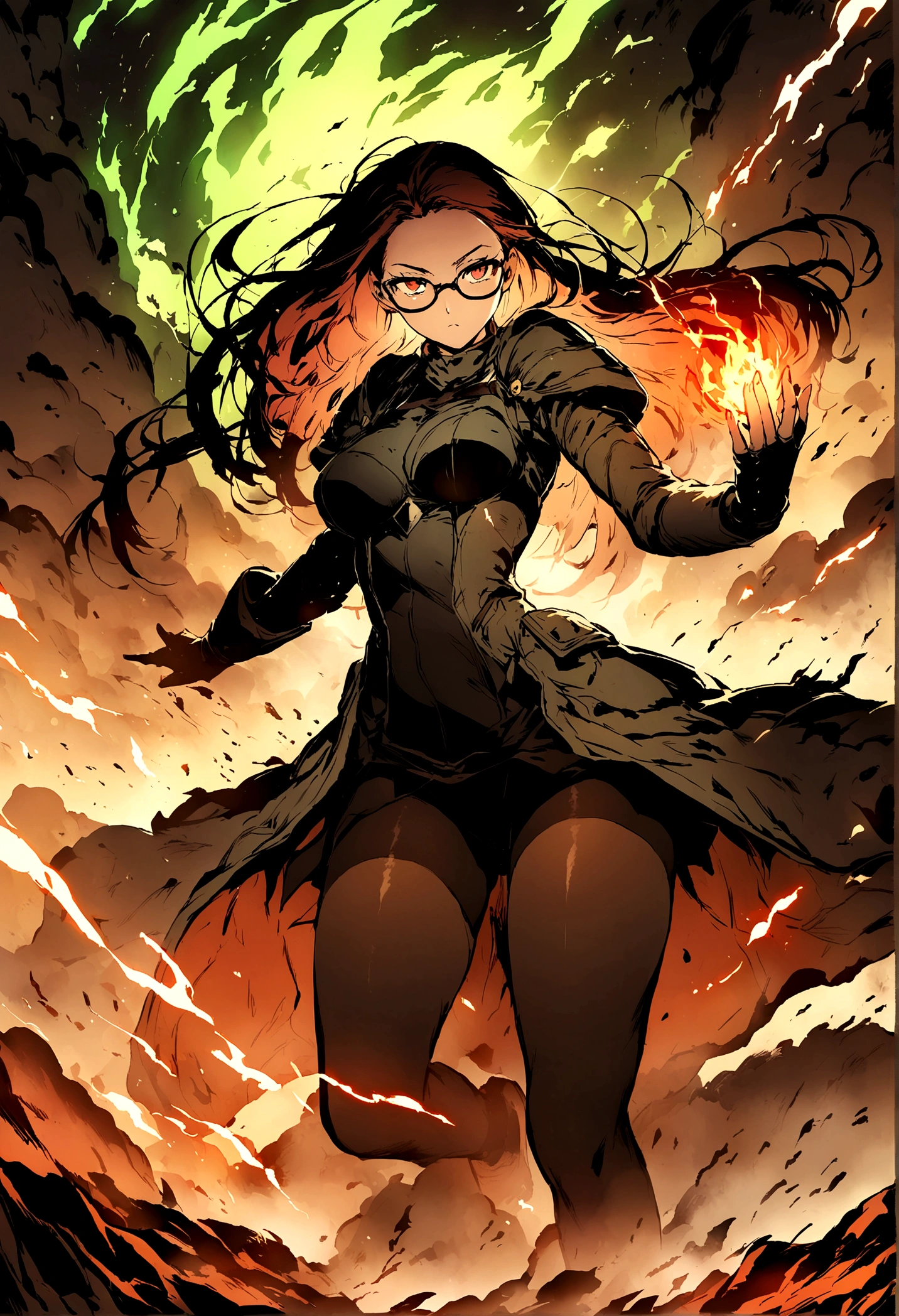 ((Tights)),future technology,Illustration style,Long hair,beautiful,battlefield,dust,Dark,Glasses