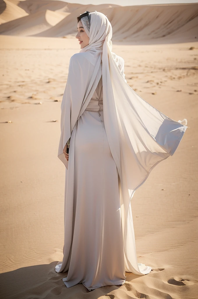 (((best quality))),(((ultra detailed))),(((masterpiece))),illustration,((A beautiful Muslim girl,solo)),((slim,thin)),summer,(in desert:1.3),white headscarf,(white abaya:1.3),(standing:1.3),radiant smile,fair complexion,sun rays,gentle breeze,elegant attire,vast expanse,golden sand,azure sky,dunes,stillness,graceful elegance,(from back:1.3),(upper body:1.3),(shoulder off:1.2),(bare back:1.3),(towering hips:1.3),(butt crack:1.3)