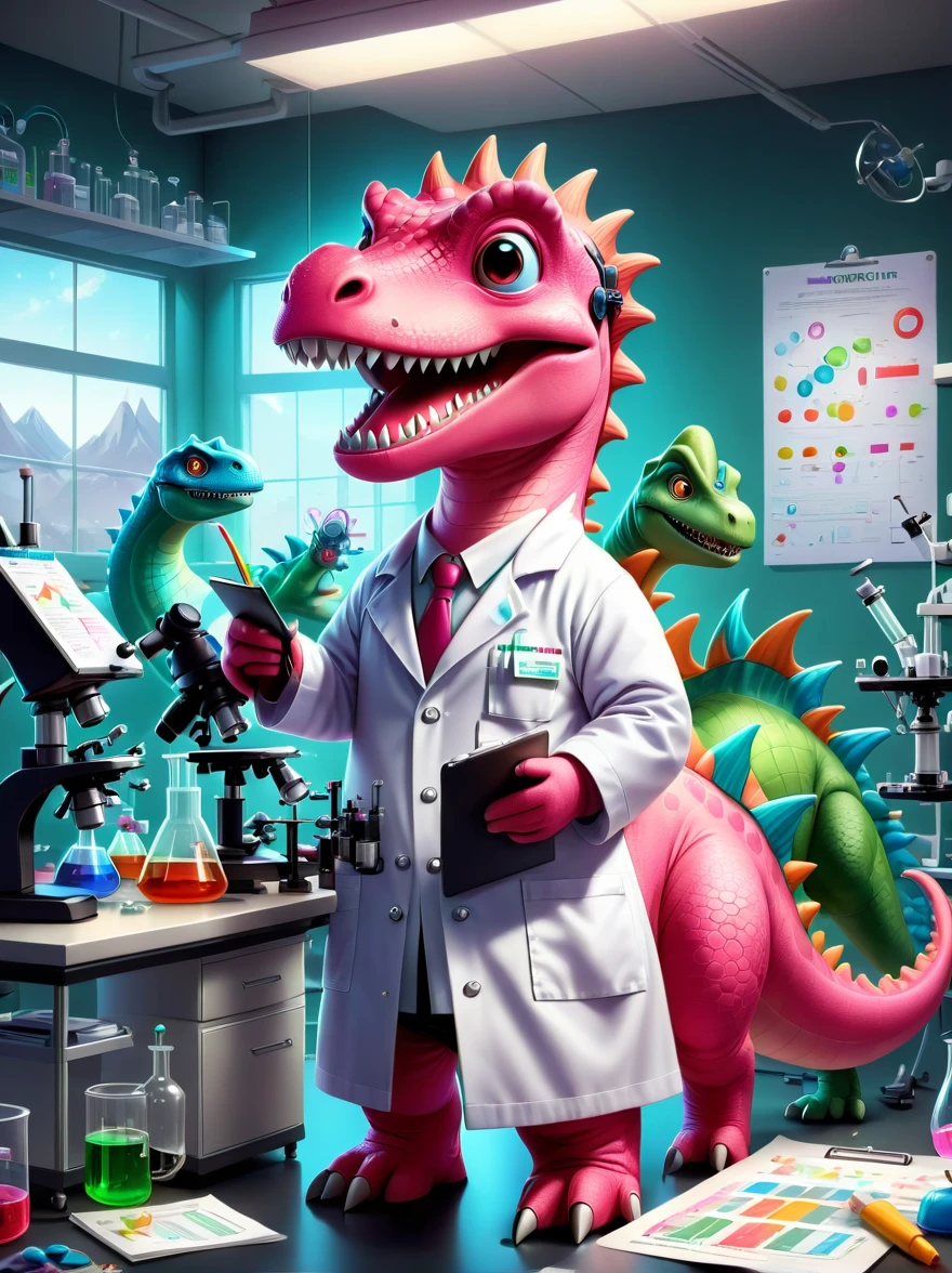 A pink dinosaur character with a broad, toothy smile, dressed as a researcher, They're in a lab, surrounded by scientific equipment like microscopes, beakers, charts and graphs. The dinosaur is wearing a lab coat, eye protection, and holds a clipboard in its hand, Papers are strewn about, indicating a busy work day, The lab setting is filled with light coming from fluorescent lamps overhead, Illustrate this in a cartoon style