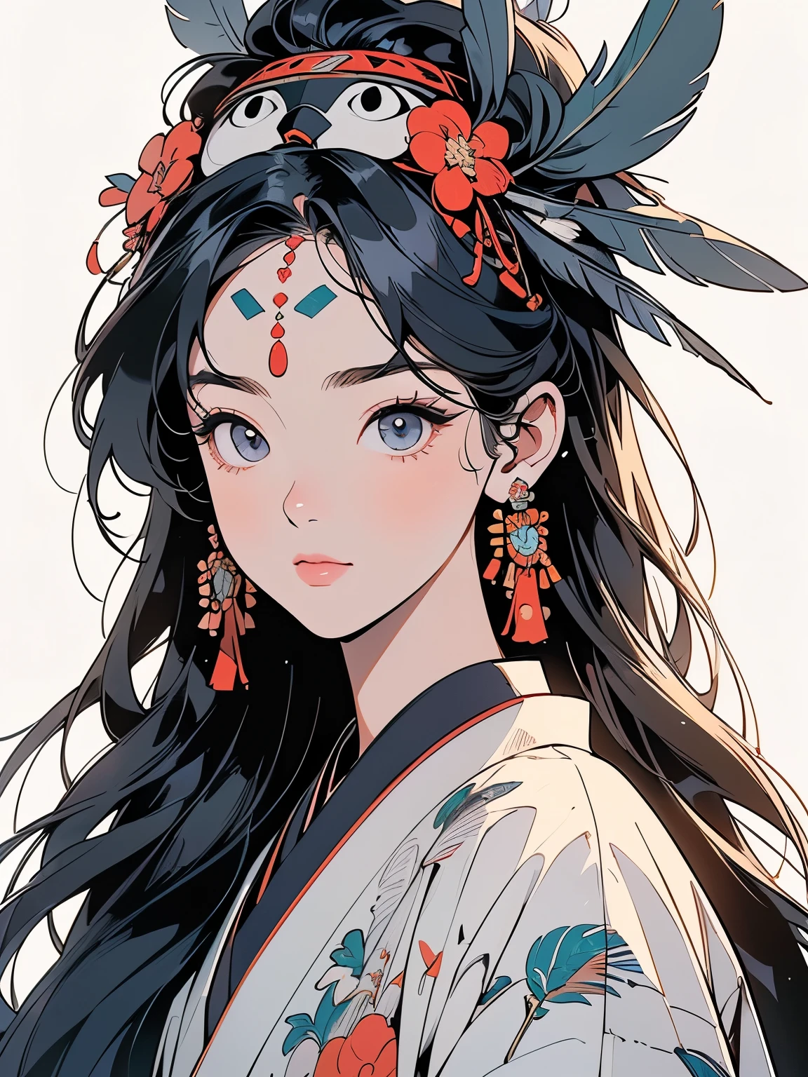 kimono, 完璧なkimono, 詳細なkimono, first-class, Super detailed, White background only, (((Super detailedな装飾))),One Woman, Perfect Face, Faint lighting, (((head shot))), Super detailedな髪、(((Sparkling Eyes))),mysterious, The wind is blowing, Apparition, Japanese style, Panorama, Long Shot, (((Narrow-eyed beauty))),(((Indian-style feather headdress on head))),Upper Body,(((Complex eye pattern)))、(((He wears an intricate bird-head mask on his head.)))、A beautiful woman、Detailed face、Best quality face、Large feather ornament、Gray Hair