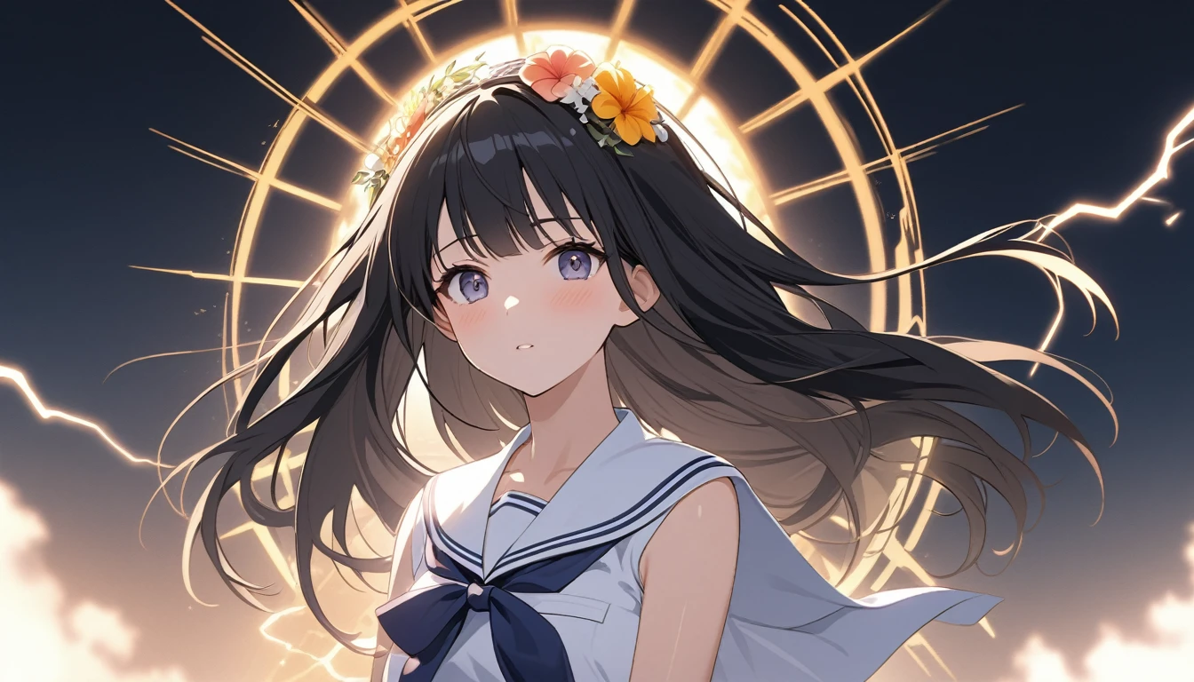 A high school girl in a summer sailor uniform,

A design and expression that will shock you as if you were struck by lightning.

The summer sun shines on her. Black hair, straight, long, shiny hair. The background is a light, cool, 

The image is vividly rendered with a touch that reproduces a dainty maiden.If the completion score for this project is 60 points, please give us a 100 point completion score work.