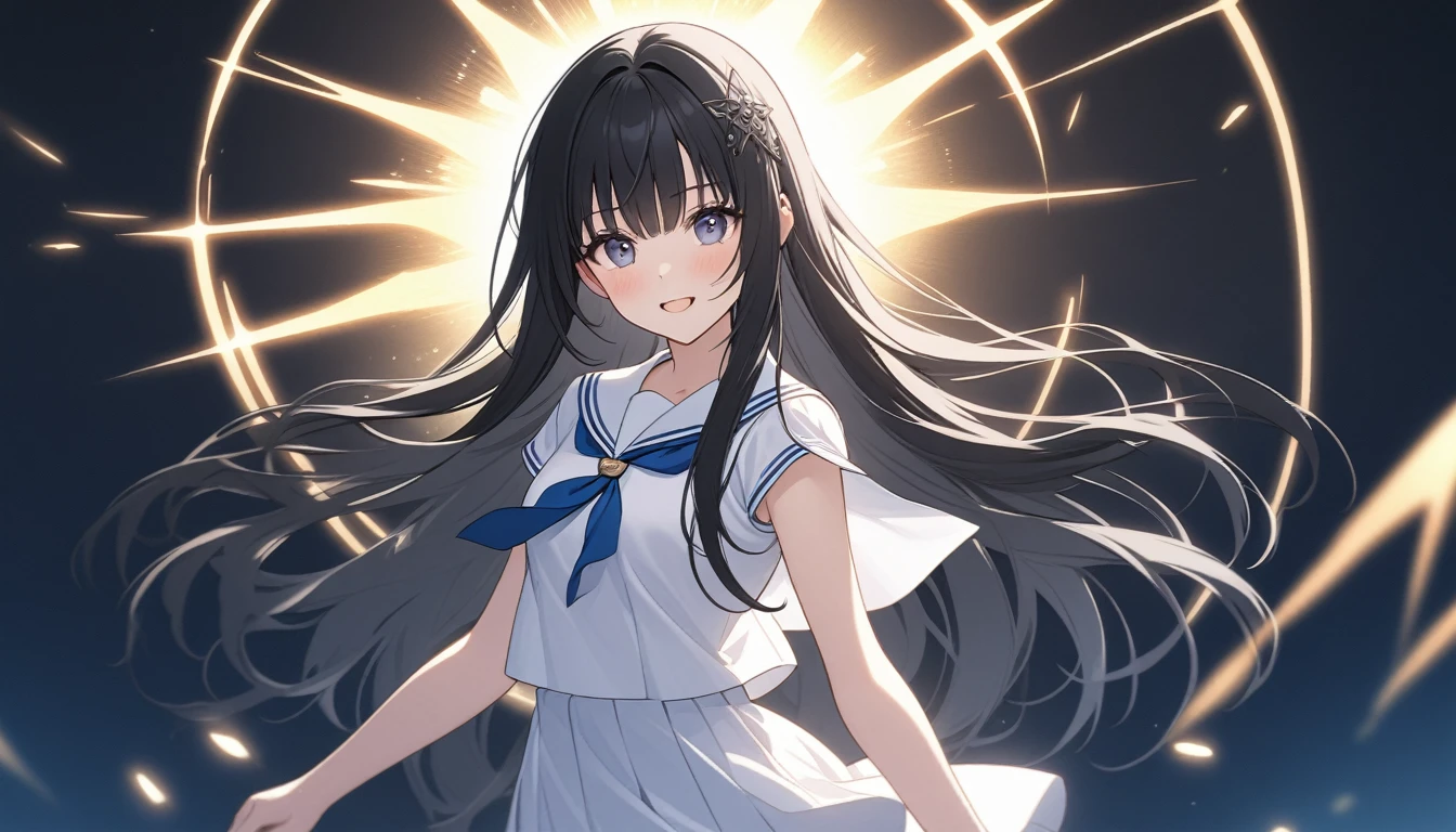 A high school girl in a summer sailor uniform,
A design and expression that will shock you as if you were struck by lightning.
The summer sun shines on her. Black hair, straight, long, shiny hair. The background is a light, cool,
The image is vividly rendered with a touch that reproduces a dainty maiden.If the completion score for this project is 60 points, please give us a 100 point completion score work.